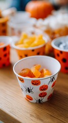 Halloween candy in themed paper cup on wooden table festive season sweets display.