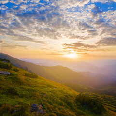 Naklejka premium green mountain valley in blue mist at the sunrise, green mountain at the early morning