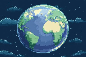 Pixel art depiction of Earth in a night sky surrounded by clouds showcasing vibrant colors and intricate details of continents and oceans