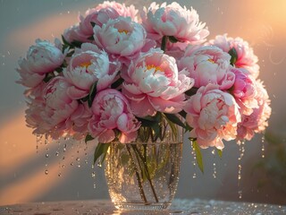 Pink Peonies in a Glass Vase, Rain Drops
