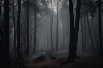 A dark forest where the trees are made of black smoke, eerie atmosphere 