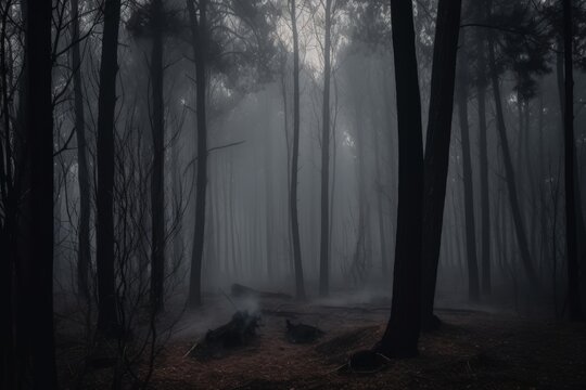 A dark forest where the trees are made of black smoke, eerie atmosphere