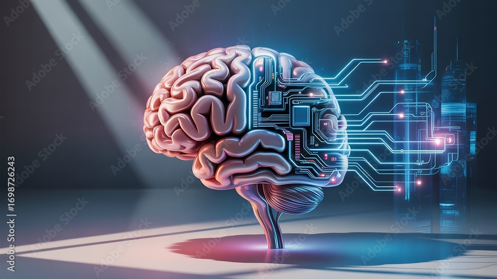 Aufkleber digital representation of a human brain with integrated circuitry and glowing data streams