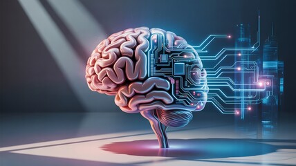 Digital representation of a human brain with integrated circuitry and glowing data streams
