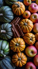 Vibrant orange green pumpkins red apples warm cinnamon sticks sit ready for halloween celebration.