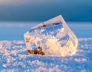Clear ice crystal on snowy ground, golden light