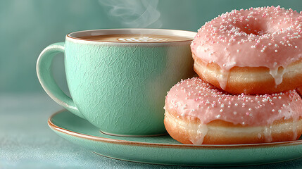 Freshly glazed pink donuts and steaming coffee beautifully styled against a vibrant mint green backdrop