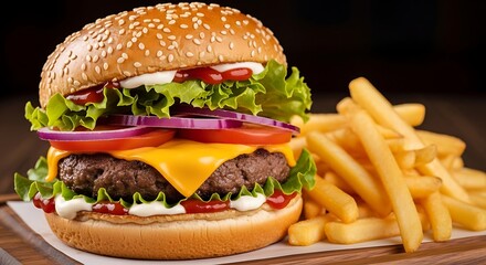 Delicious Cheeseburger with Fries.