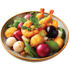 Delicious Asian Fusion Dish Featuring Crispy Shrimp Meatballs and Colorful Vegetables in Decorative Bowl