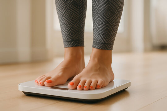 Bare feet on smart digital scale checking body weight as part of healthy lifestyle and wellness plan - Powered by Adobe