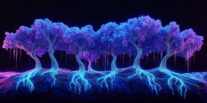 Stylized wireframe trees with dripping roots over neon terrain