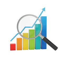 Magnifying glass over a colorful bar graph showing upward trend isolated on white isolated on transparent background