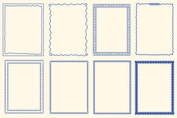 Collection of 8 creative border frame designs with dotted, zigzag, wave, and geometric styles. Perfect for invitations, flyers, posters, or certificates. High-quality vector illustration.