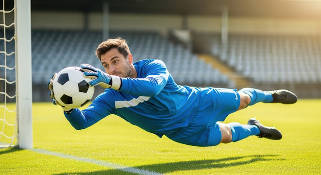 Soccer goalkeeper in action, catching ball and wearing uniform on sports field. Soccer goalkeeper showcases skills, demonstrates agility, and performs save during intense game.