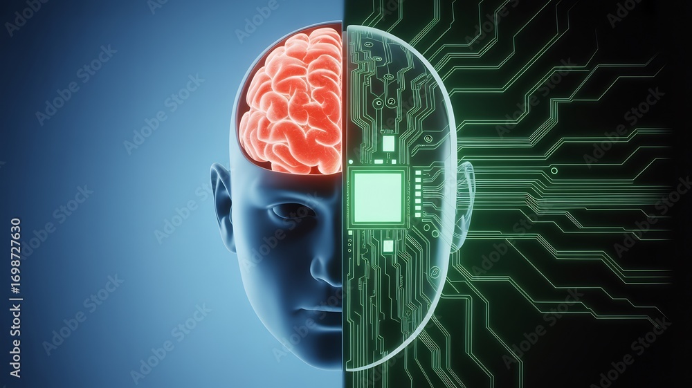 Poster artificial intelligence concept with a human brain merged with futuristic circuit board technology