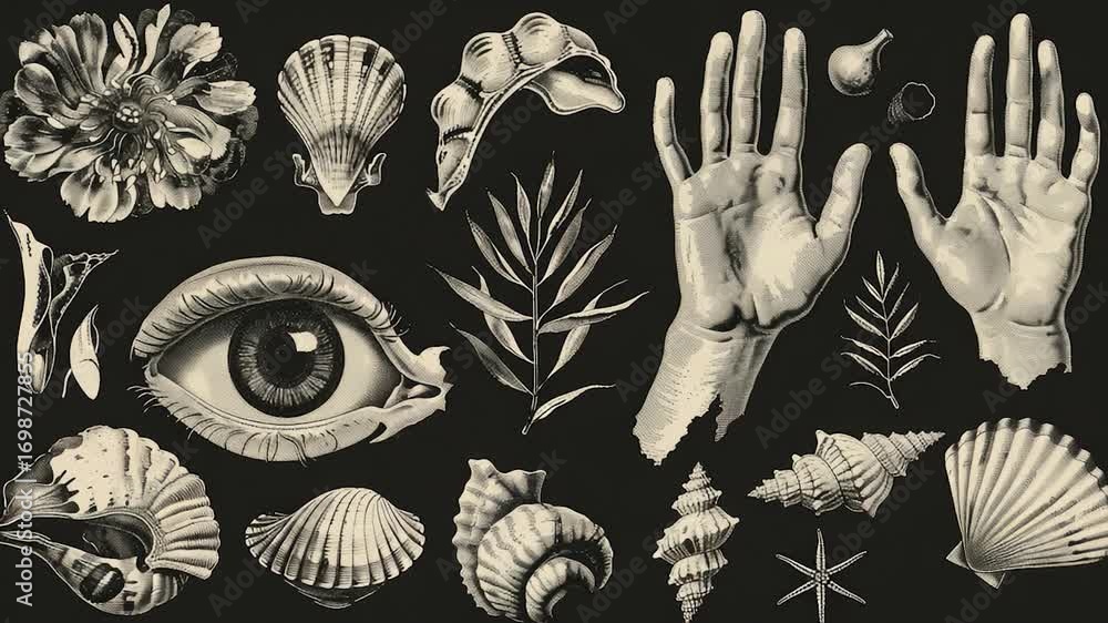 Poster a collection of different objects in monochrome tones