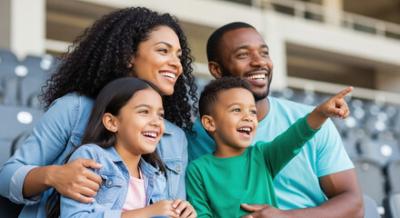 Family at sporting event cheering team with children pointing at field, smiling happily. Family watching game together is heartwarming.