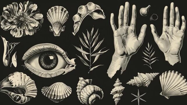 A collection of different objects in monochrome tones