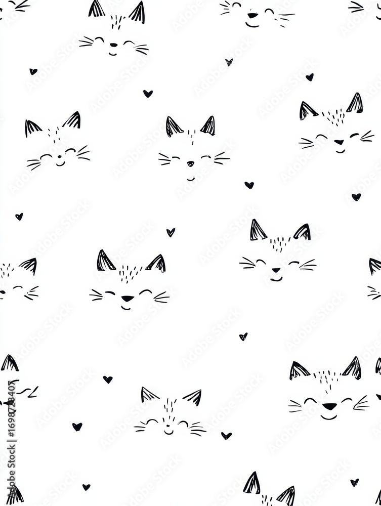 Poster cute black and white cat pattern featuring smiling faces and hearts creating a cheerful and playful 
