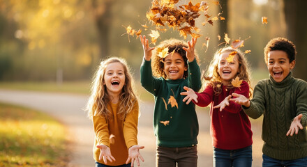Group of children playing with autumn leaves, cheerful moment captured. Autumn leaves fill air as kids laugh and toss leaves in the park on autumn day, enjoying natural beauty, youthful exuberance,