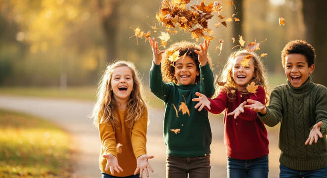 Group of children playing with autumn leaves, cheerful moment captured. Autumn leaves fill air as kids laugh and toss leaves in the park on autumn day, enjoying natural beauty, youthful exuberance,