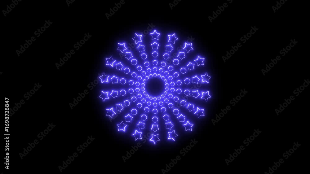 Aufkleber blue neon stars and circles creating a concentric pattern on a black background