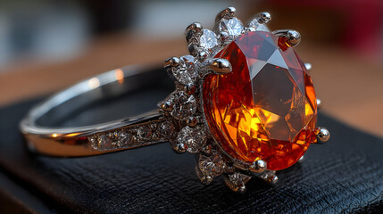 Glowing Orange Gemstone Ring on Black Velvet Cushion