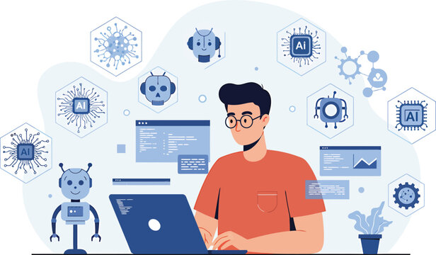 Professional software developer at a desk programming on a laptop, surrounded by icons of artificial intelligence, robotics, and machine learning