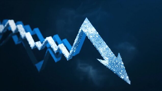Sharp financial decline depicted by a downward trending arrow graph against a dark background.