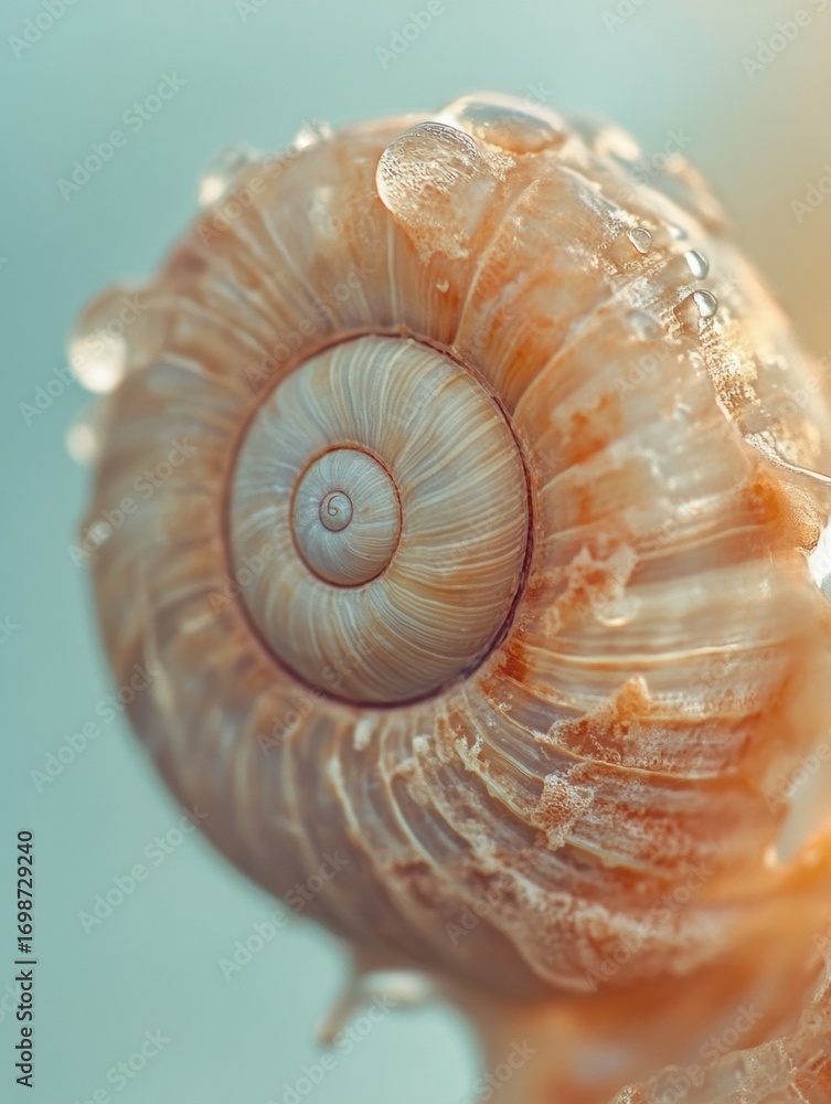 Poster close-up of a spiral shell showcasing intricate patterns and textures, illuminated by soft natural l