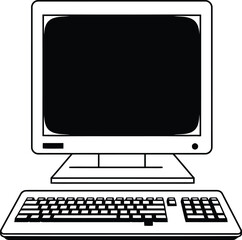 classic computer design with keyboard monitor in silhouette on transparent background