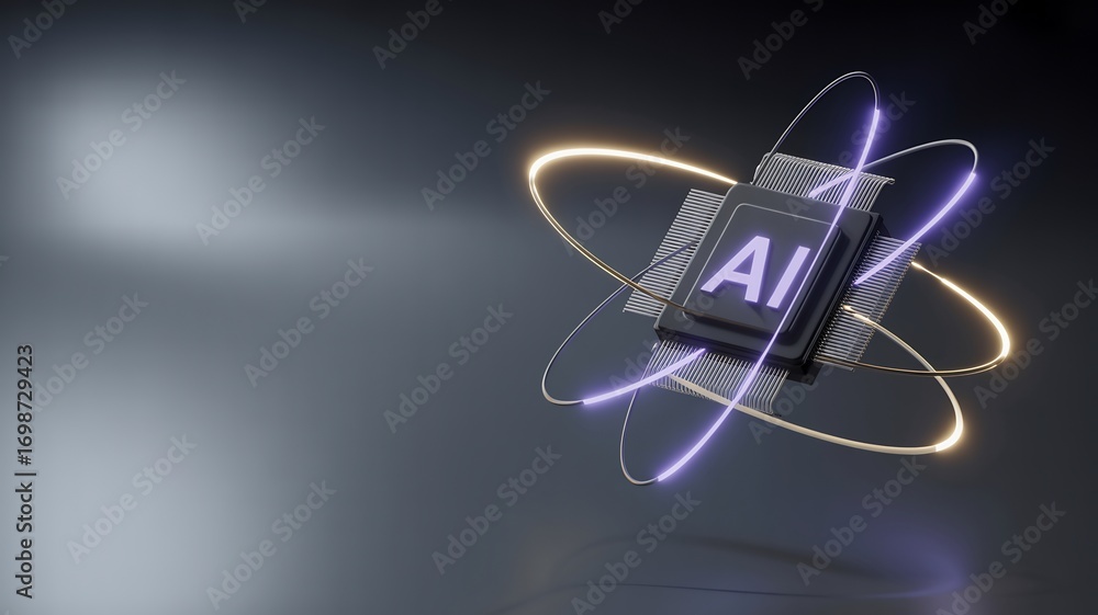 Poster futuristic ai chip with glowing orbits, symbolizing artificial intelligence and advanced technology