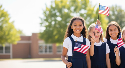 Celebrating Fourth of July, smiling girls waving American flags on bright day. Happy Fourth of July celebration with joyful girls waving flags, showing patriotism and national pride.