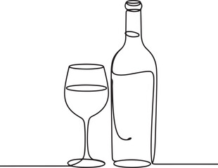 Elegant Line Art of Wine Bottle and Glass - Minimalist Alcohol Drink Illustration for Bar, Restaurant, Menu Design