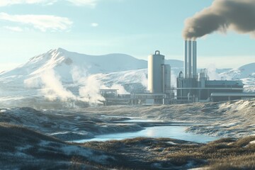 Industrial facility emitting smoke in a winter landscape with mountains in the background