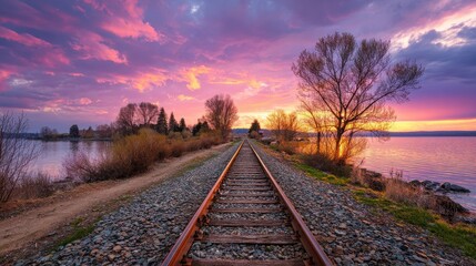 Fototapeta premium sunset view of the railway tracks leading to a lake in springtime with a beautiful sky