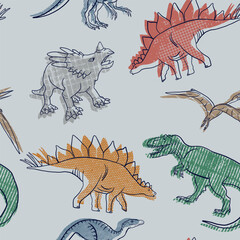 Seamless Dino pattern, print for T-shirts, textiles, wrapping paper, web. Original design with t-rex,dinosaur. grunge design for boys .