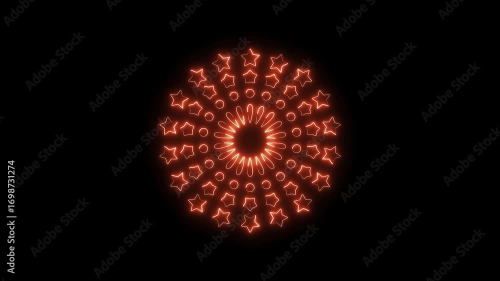 Poster animated glowing red mandala with stars and circles pattern on black background