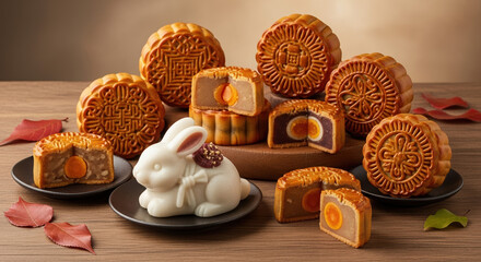 Delicious mooncakes for Mid-Autumn Festival celebration, with mooncake halves revealing sweet fillings, arranged beautifully. Mid-Autumn Festival pastries signify family reunions and happiness,