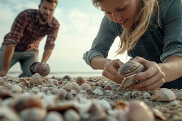 Couple exploring a sandy beach while collecting seashells under a clear sky