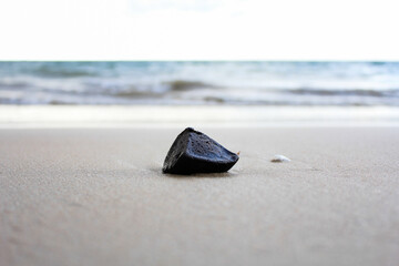 Charcoal piece on beach sand with ocean waves in background – minimal environmental concept.