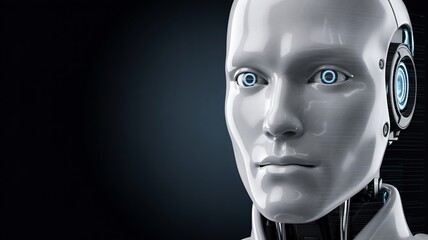 Closeup portrait of a futuristic humanoid robot with glowing blue eyes and metallic details