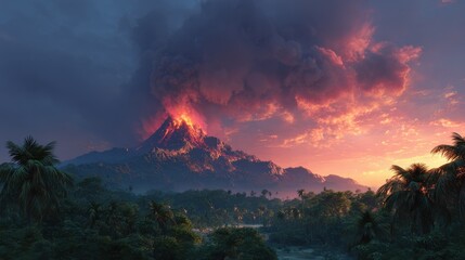 erupting volcano with fiery lava and dark smoke over lush tropical jungle at sunset