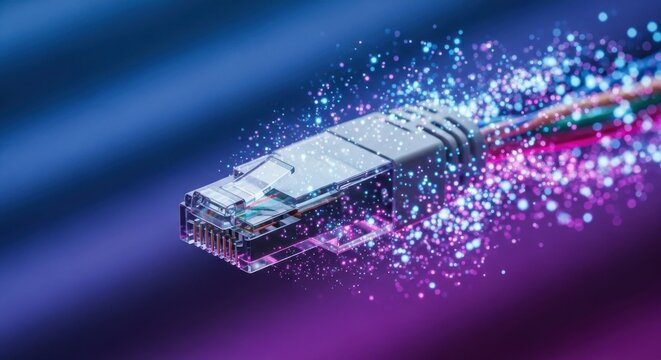 Closeup of a network cable with digital particles flowing, symbolizing connectivity
