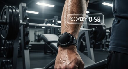 Close up of sweaty athletes arm with smartwatch displaying recovery time