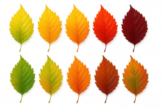 Ten colorful autumn leaves in a gradient of changing colors from green to yellow, orange and red, isolated on transparent background - Powered by Adobe