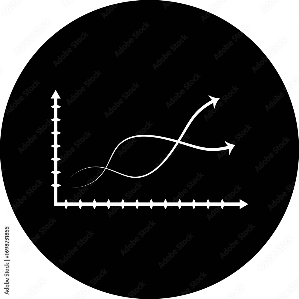Poster graph with two curved lines and arrows on a black background in a circular illustration