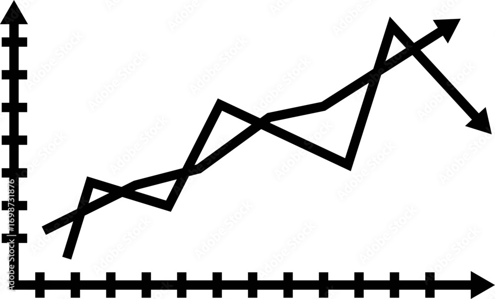 Poster illustration of a line graph with fluctuating trends and axes marked with ticks in black color