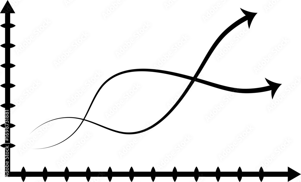 Poster two curved lines with arrows showing growth on a graph with x and y axis in black and white style