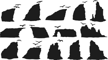 Silhouette of rocky cliffs with flying birds, coastal landscape vector, nature design, sea cliffs illustration, wildlife and ocean scenery.